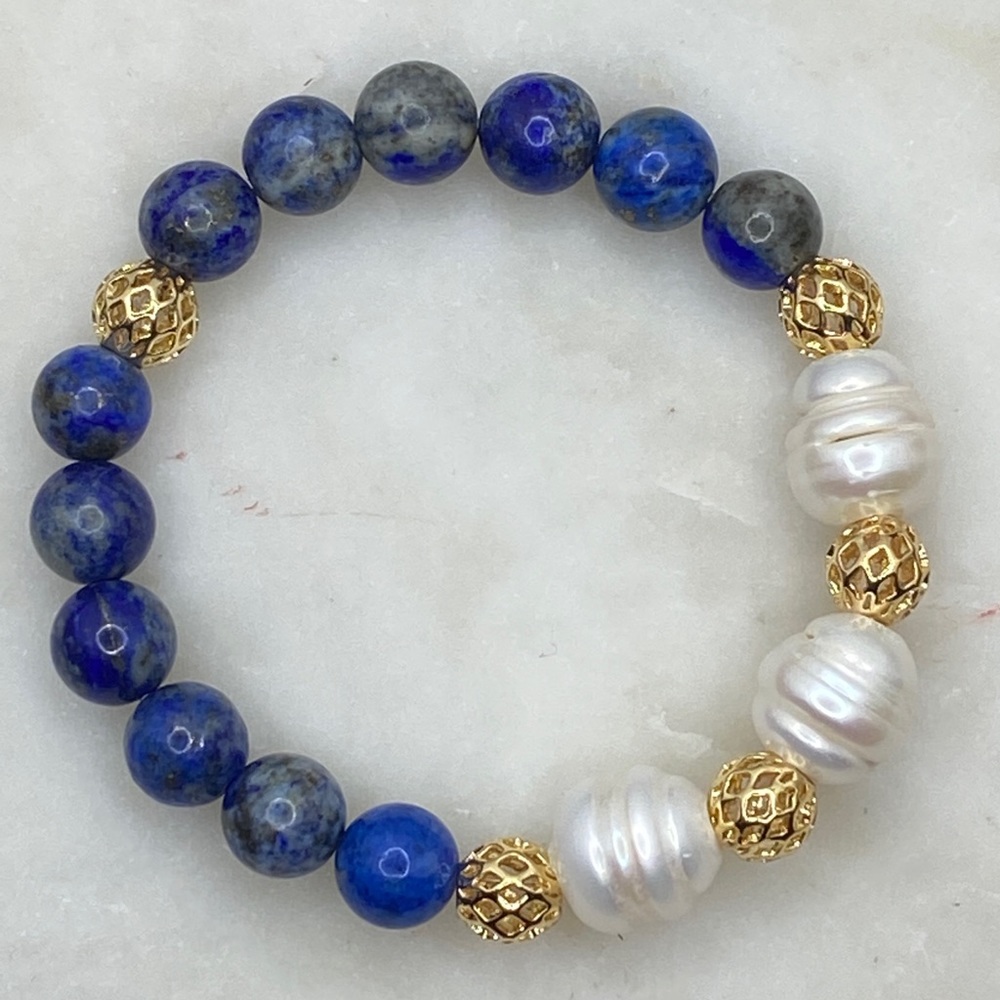 Gemstone Bracelet - Lapis lazuli and Sweet Water Baroque Pearl Beads